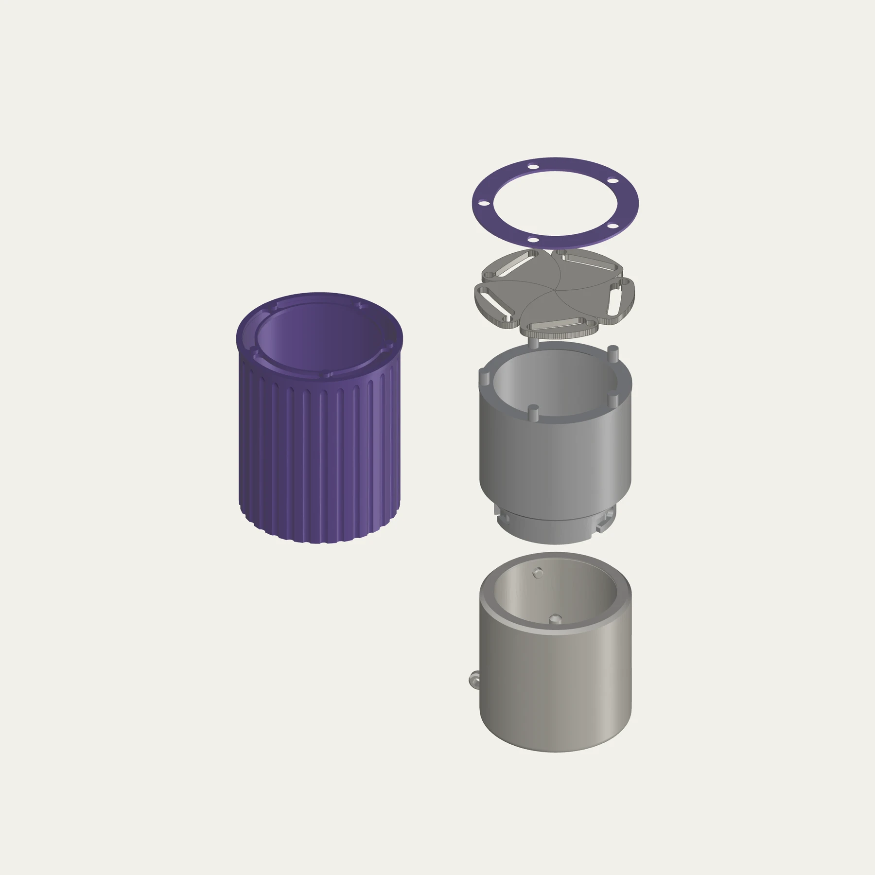 Exploded Rhino model: 01 retaining ring, 02 five iris blades, 03 inner body, 04 ribbed sleeve at left, and 05 lower compartment below