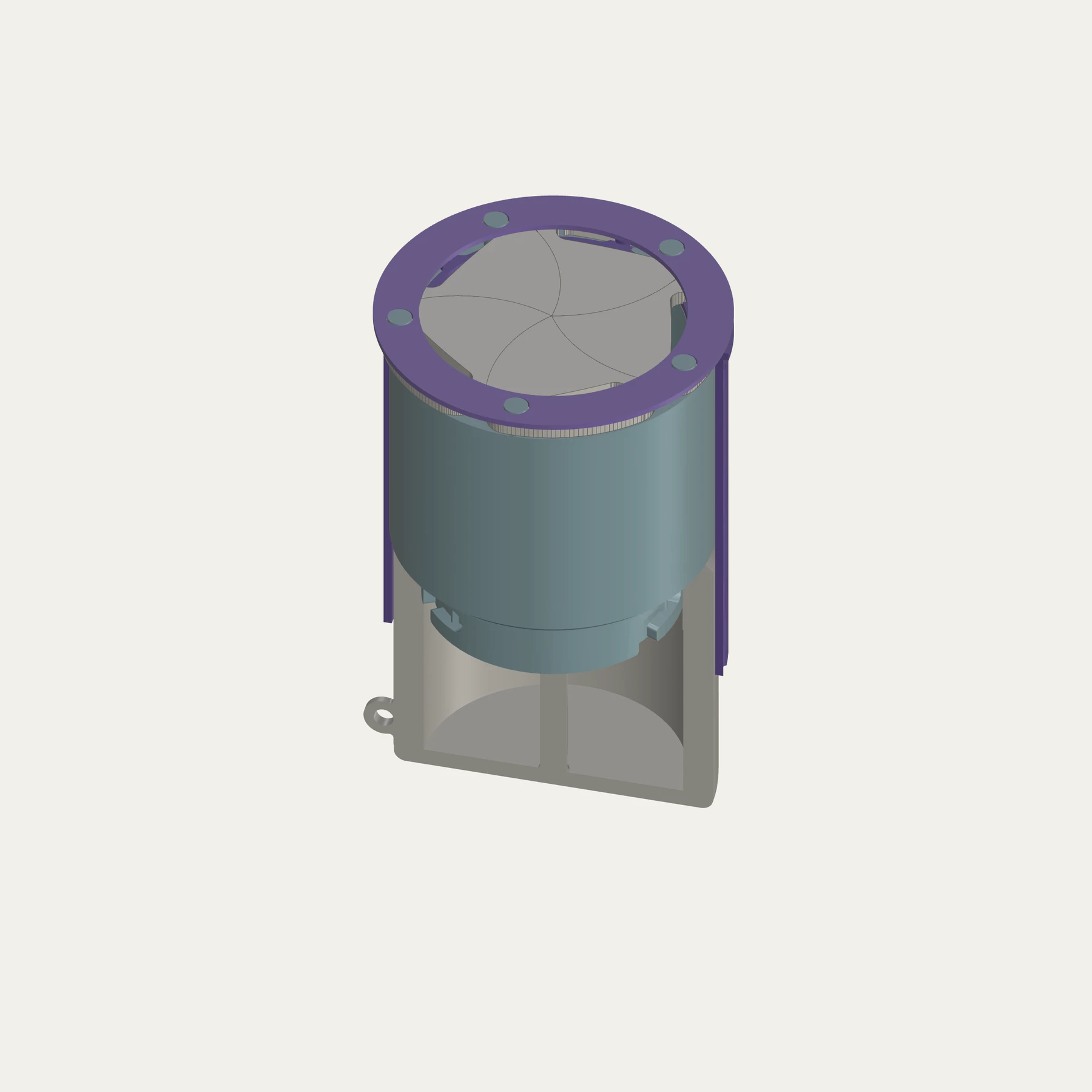 Selective housing cutaway with the complete blue-gray inner body and all five iris blades retained, exposing the lower chamber and mating features