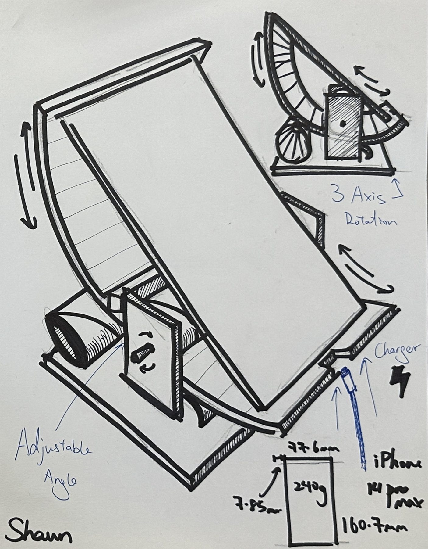 Concept sketch of the rotational phone stand and its adjustment architecture