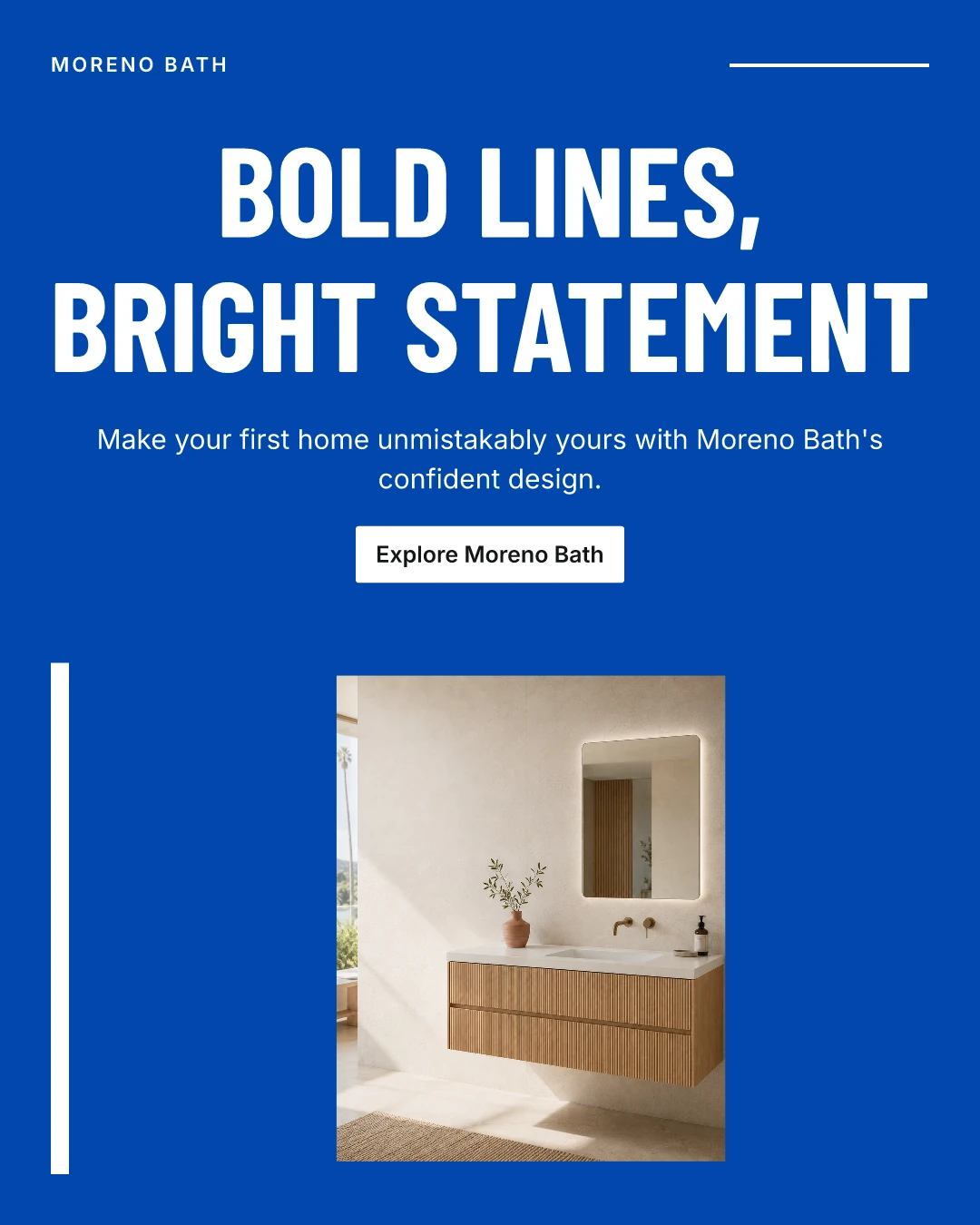 Live cobalt campaign draft with a large condensed headline above the intact vanity photo