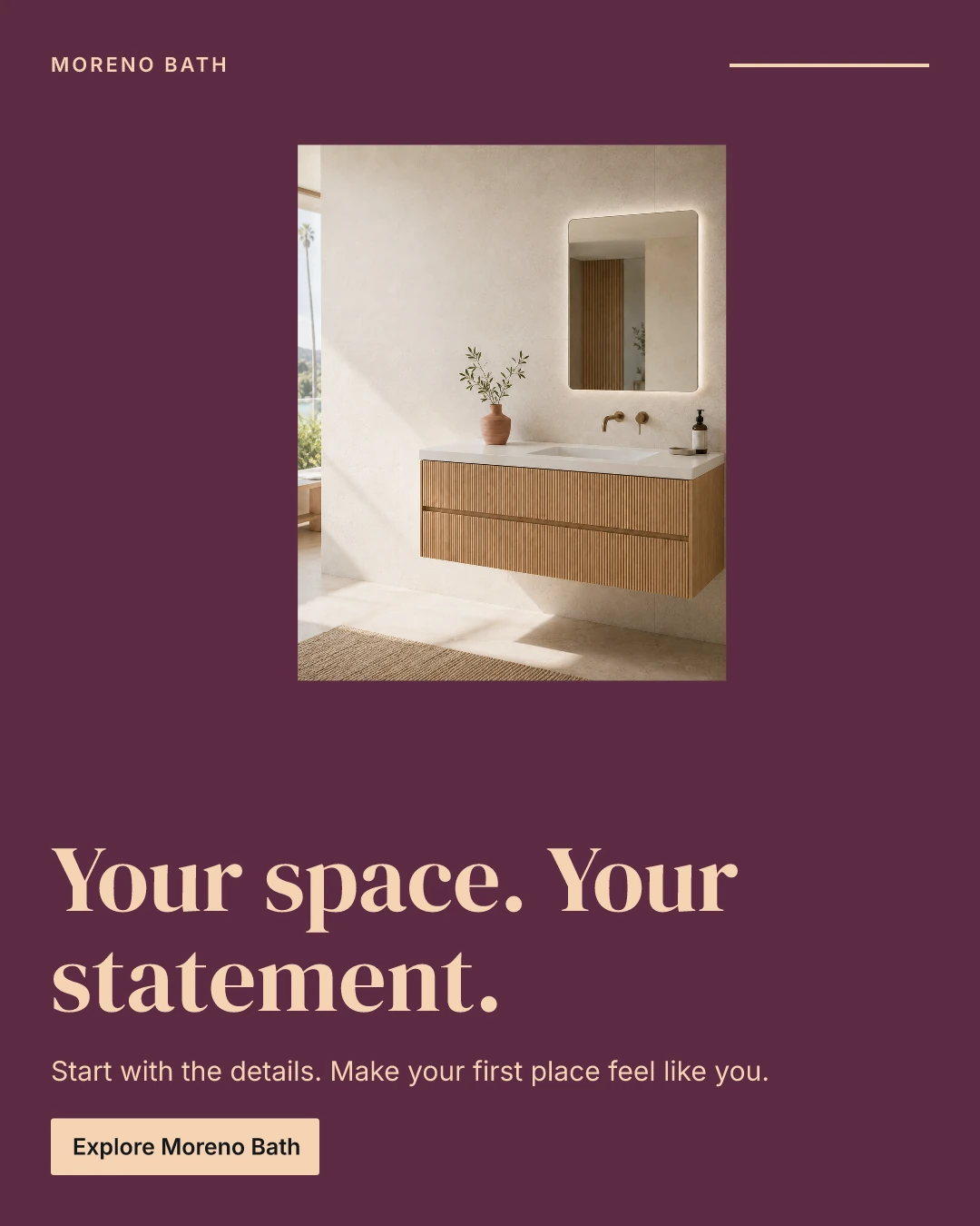 Plum and peach editorial draft with serif headline Your space. Your statement.